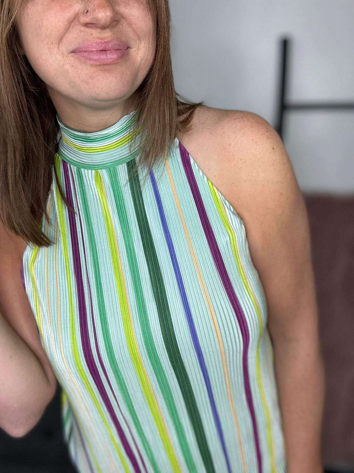 Jenna Striped Mock Neck Top - Mint**