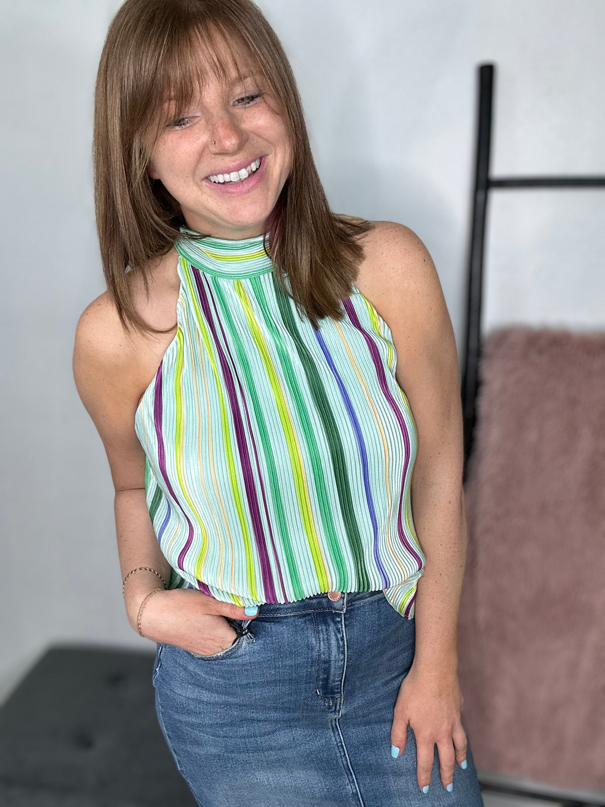 Jenna Striped Mock Neck Top - Mint**