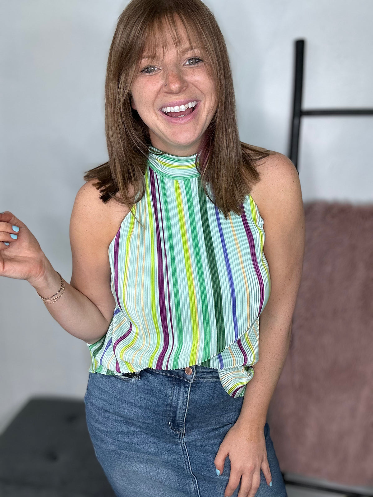 Jenna Striped Mock Neck Top - Mint**