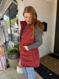 Classic Long Puffer Vest - Rust