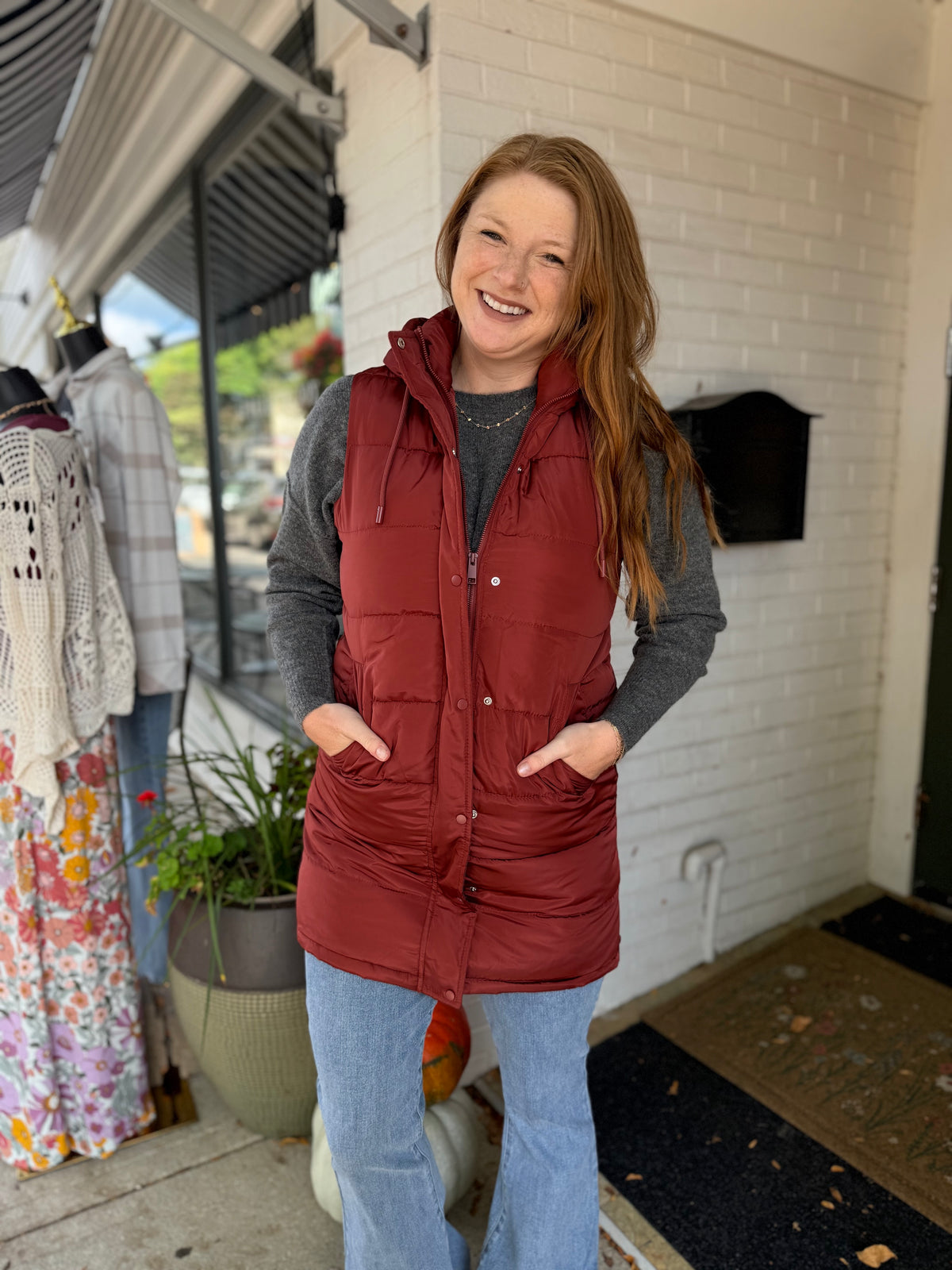 Classic Long Puffer Vest - Rust