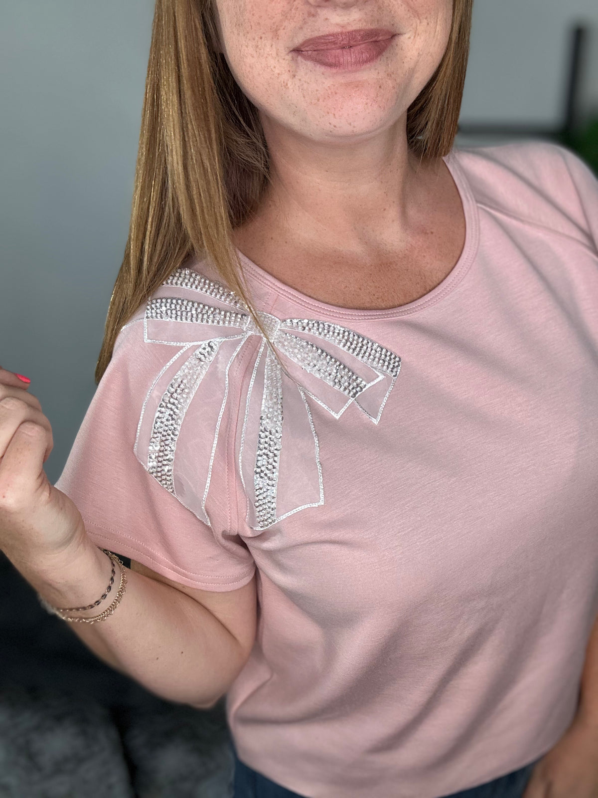 Blush Pink Pearl Bow Top
