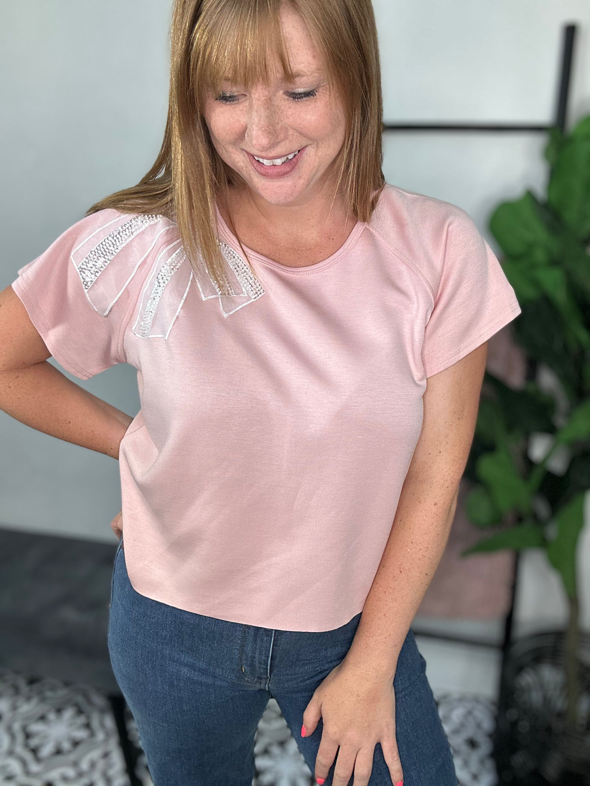 Blush Pink Pearl Bow Top
