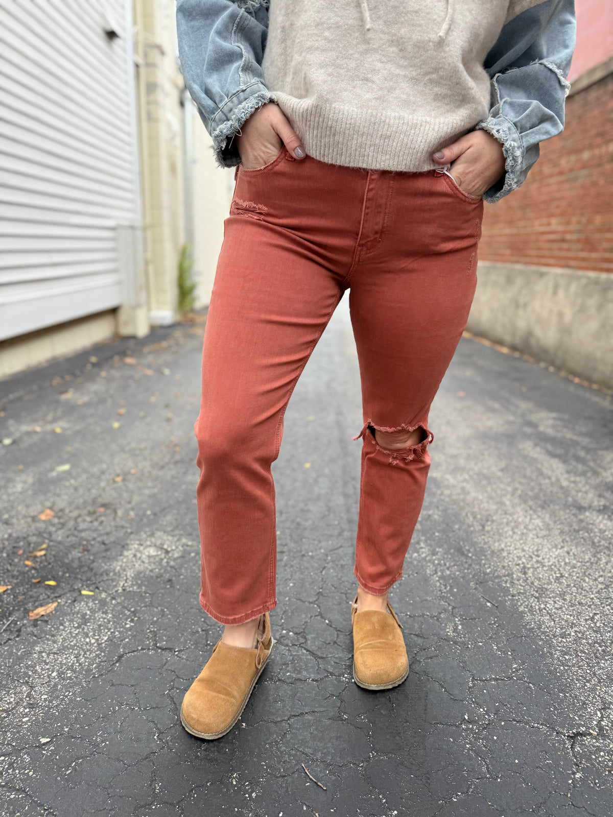 Copper Distressed High Rise Slim Fit Jeans