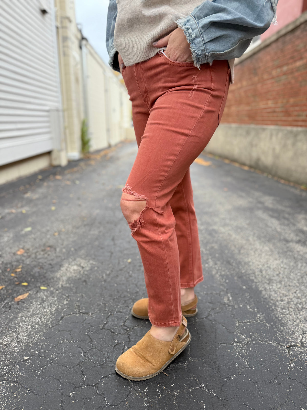 Copper Distressed High Rise Slim Fit Jeans