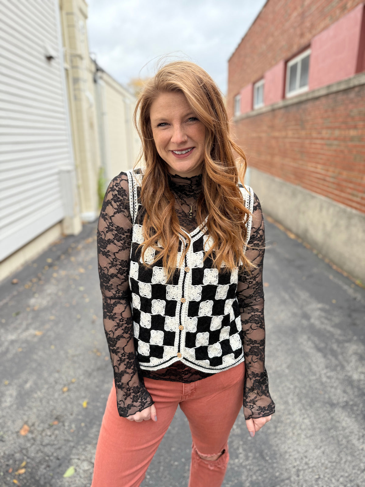 Black and Cream Crochet Sleeveless Top