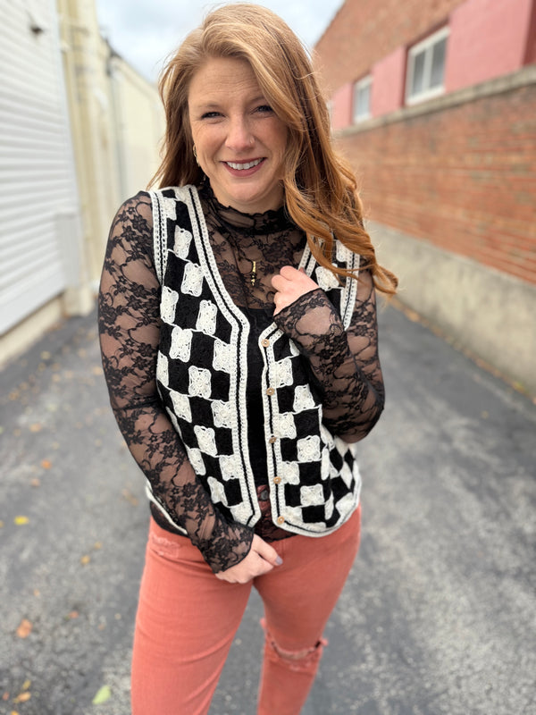 Black and Cream Crochet Sleeveless Top