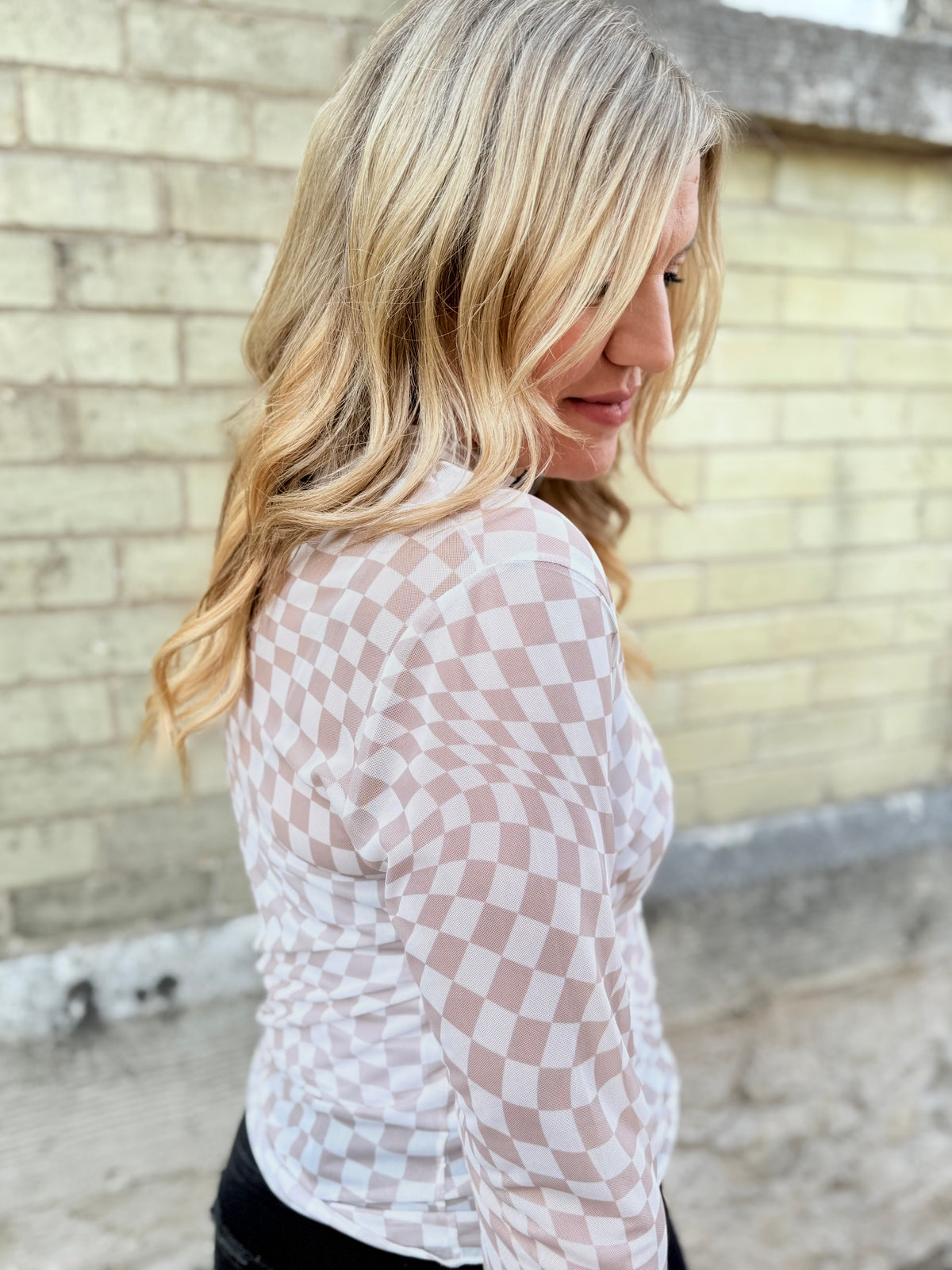 Checkered Mesh Top - Taupe