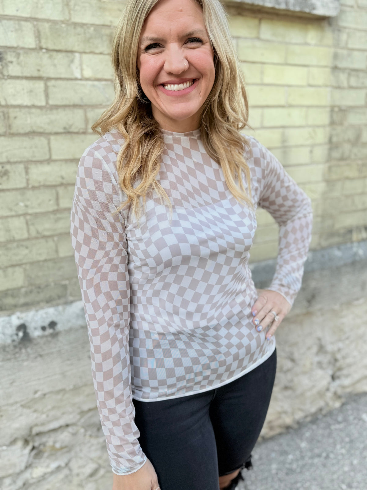 Checkered Mesh Top - Taupe