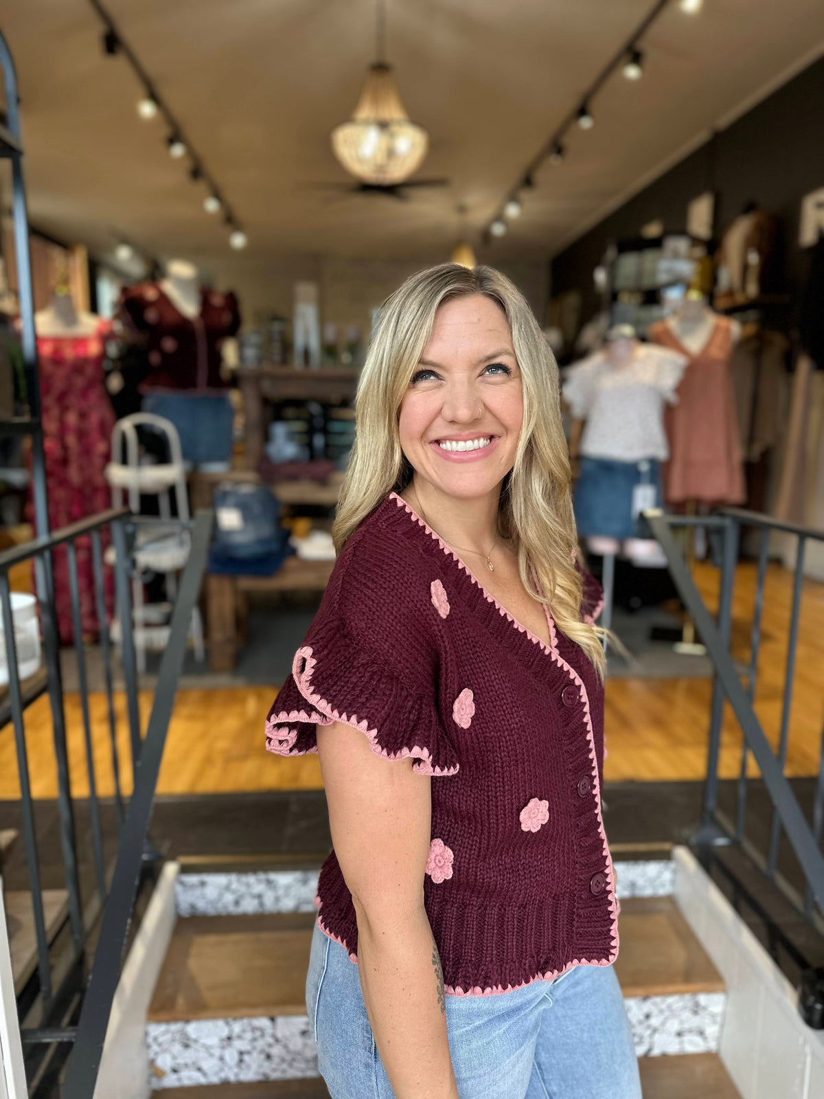 Burgundy Flower Knit Top