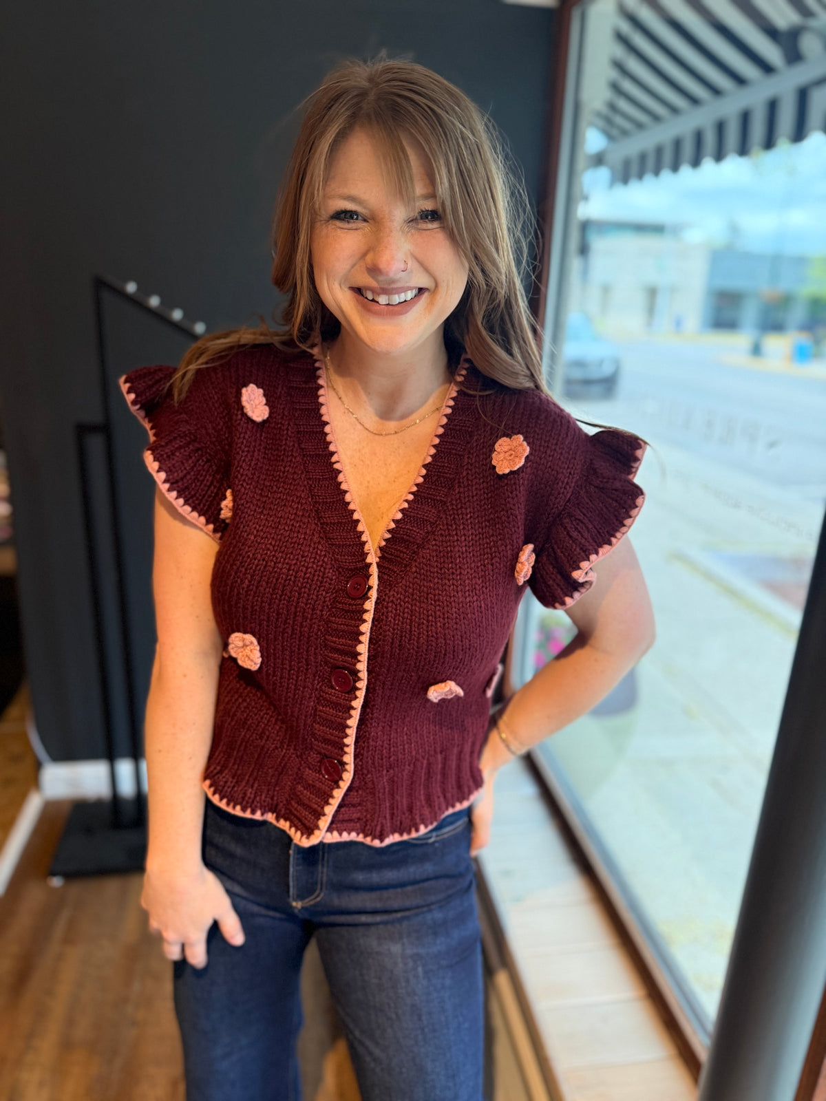 Burgundy Flower Knit Top