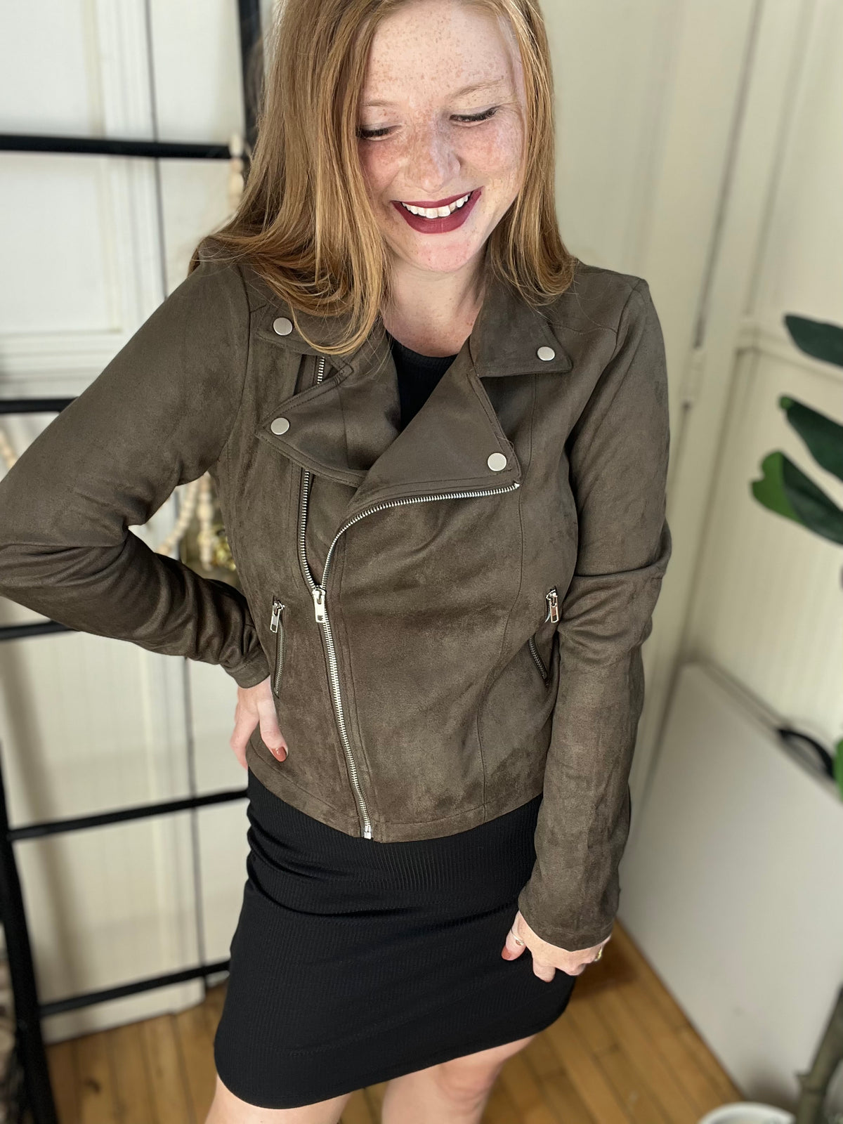 Audrey Olive Moto Suede Jacket