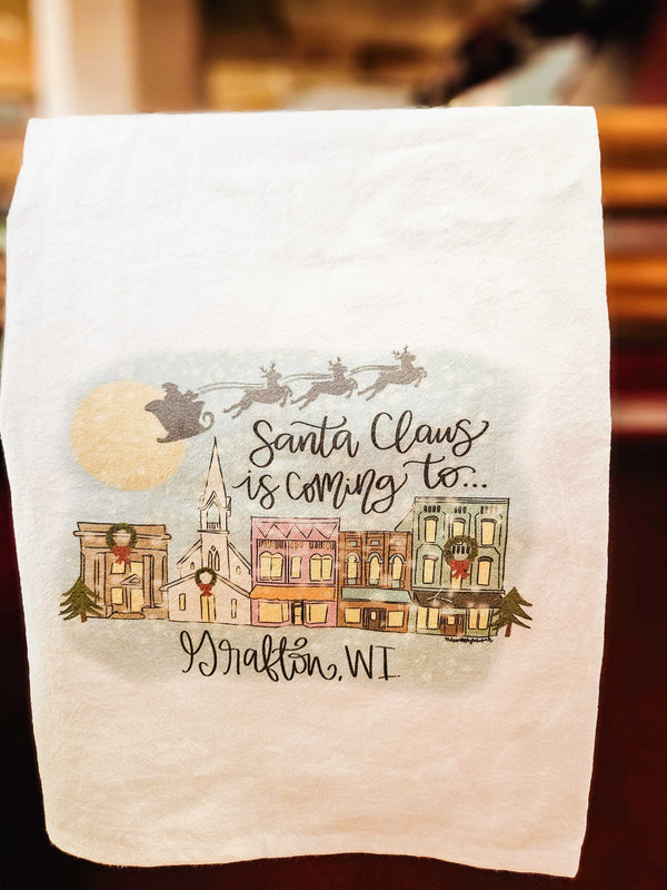 Santa's Coming To Grafton WI Tea Towel