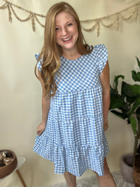 Spring Blue Gingham Ruffle Dress