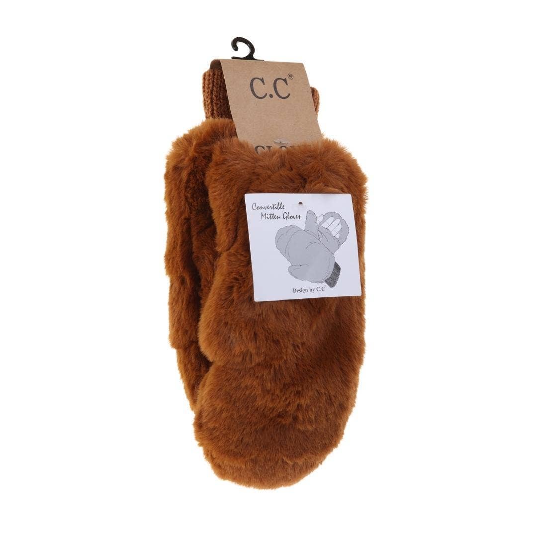 Caramel Fuzzy Convertible Mitten Gloves