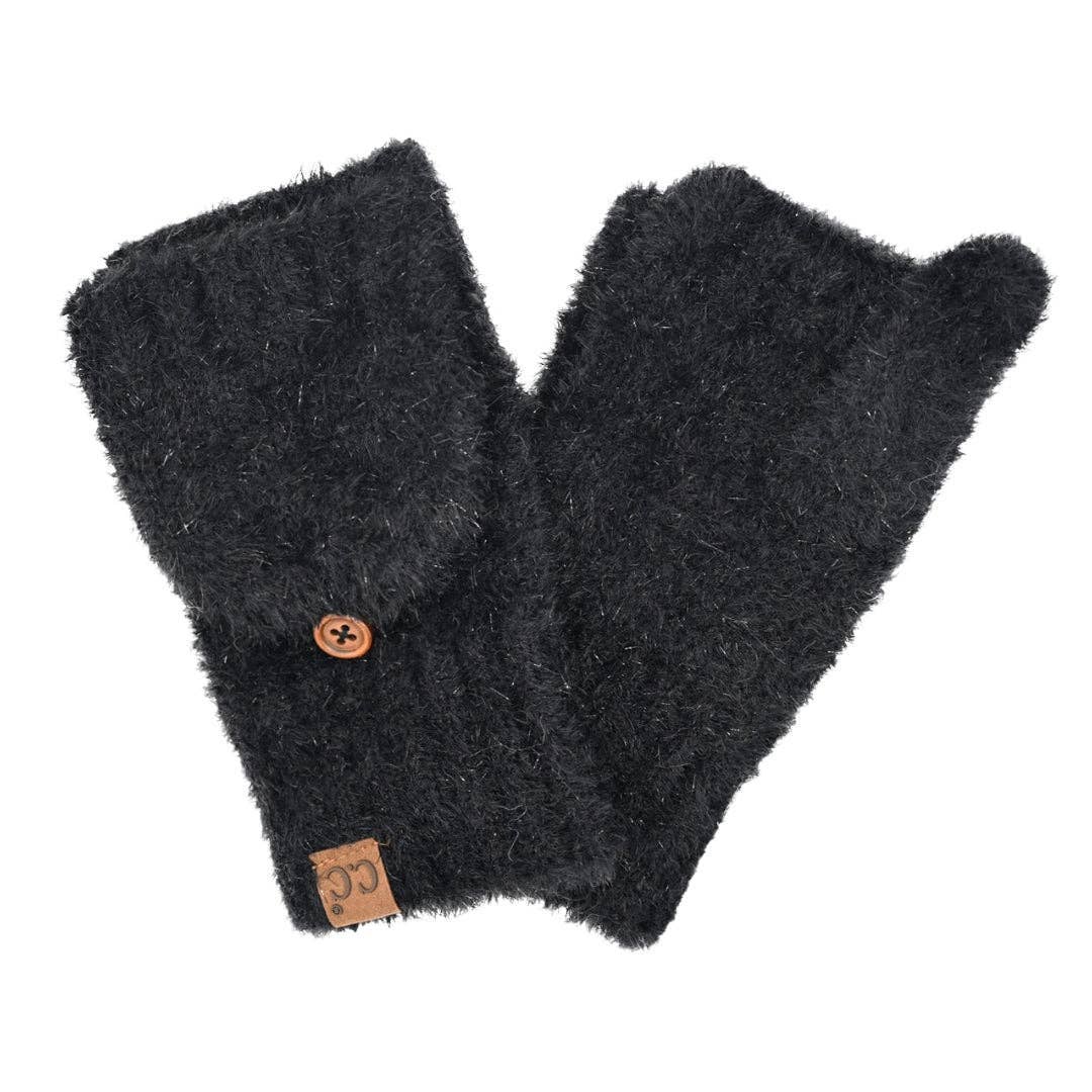 Cozy Black Shimmer Button Mittens