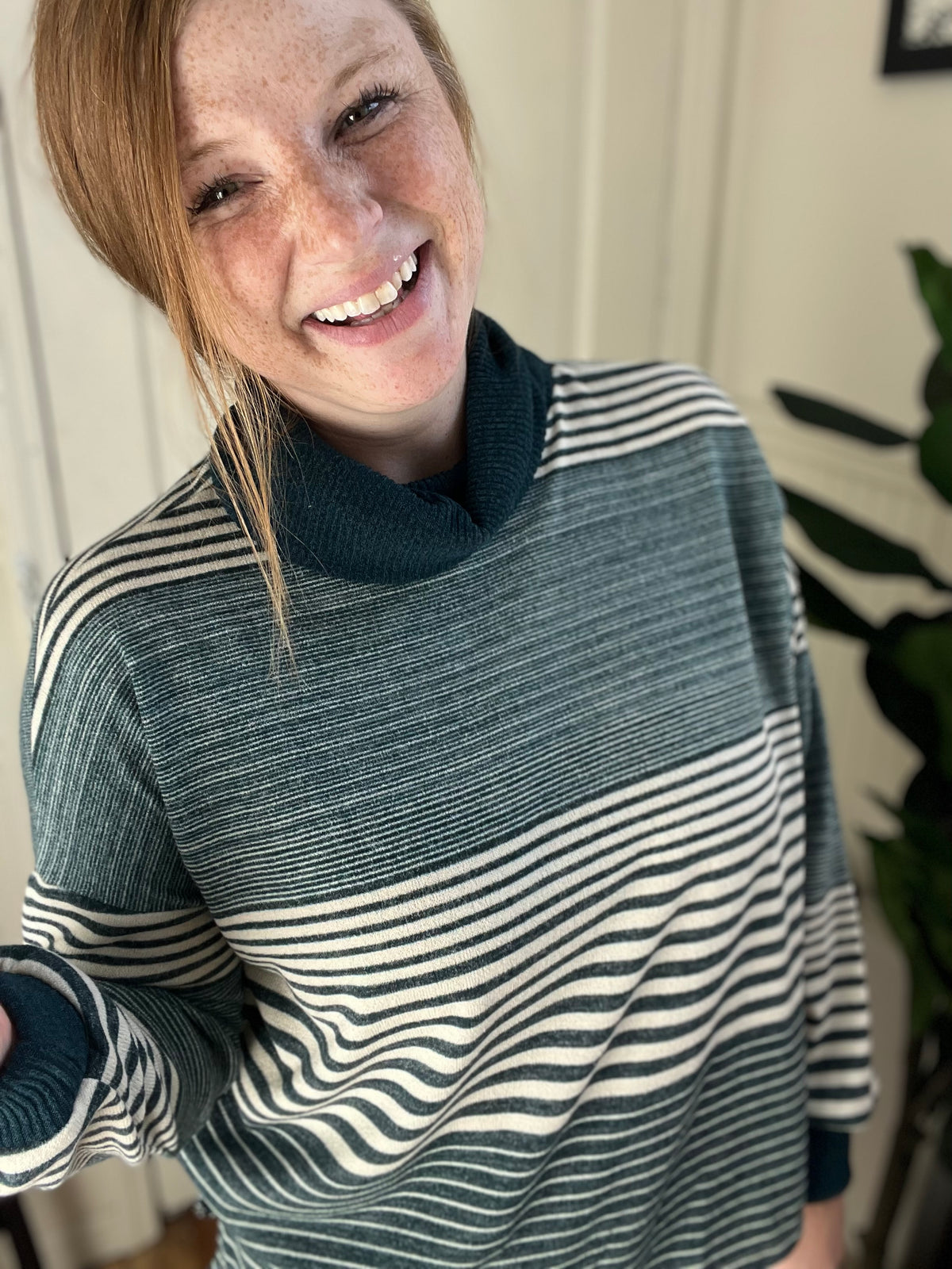 Hunter Green Striped Turtleneck Sweater