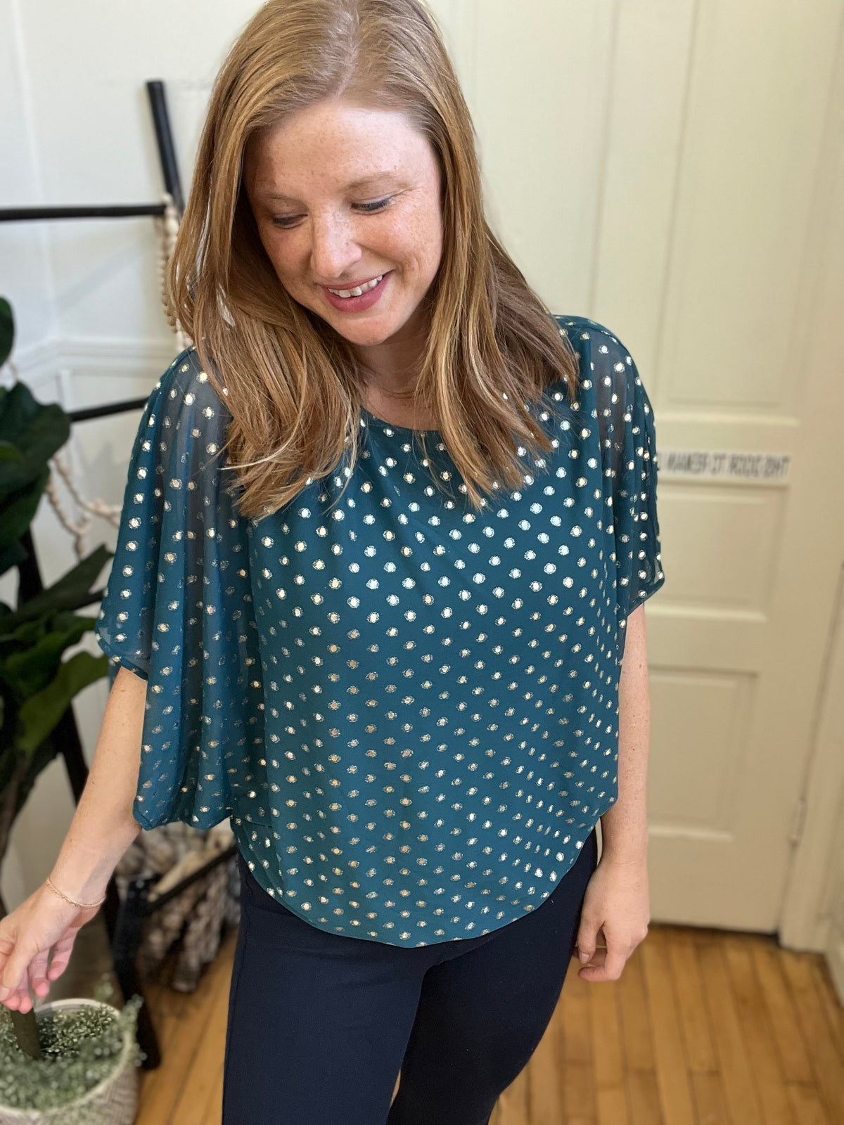 Metallic Dot Hunter Green Top