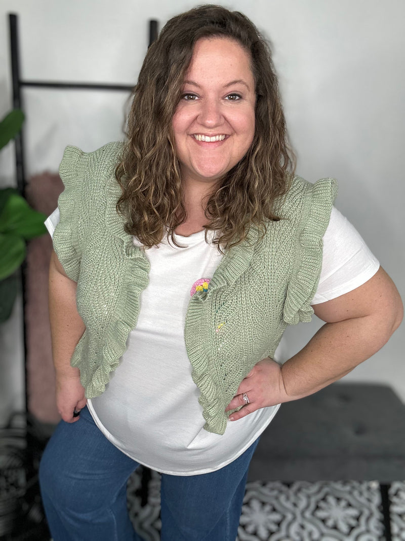 Layla Ruffle Olive Crochet Vest