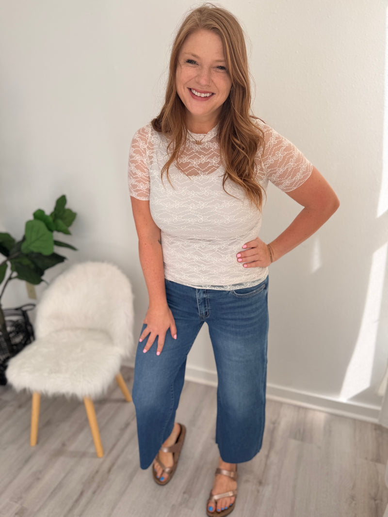 Cream Floral Mesh Short Sleeve Top