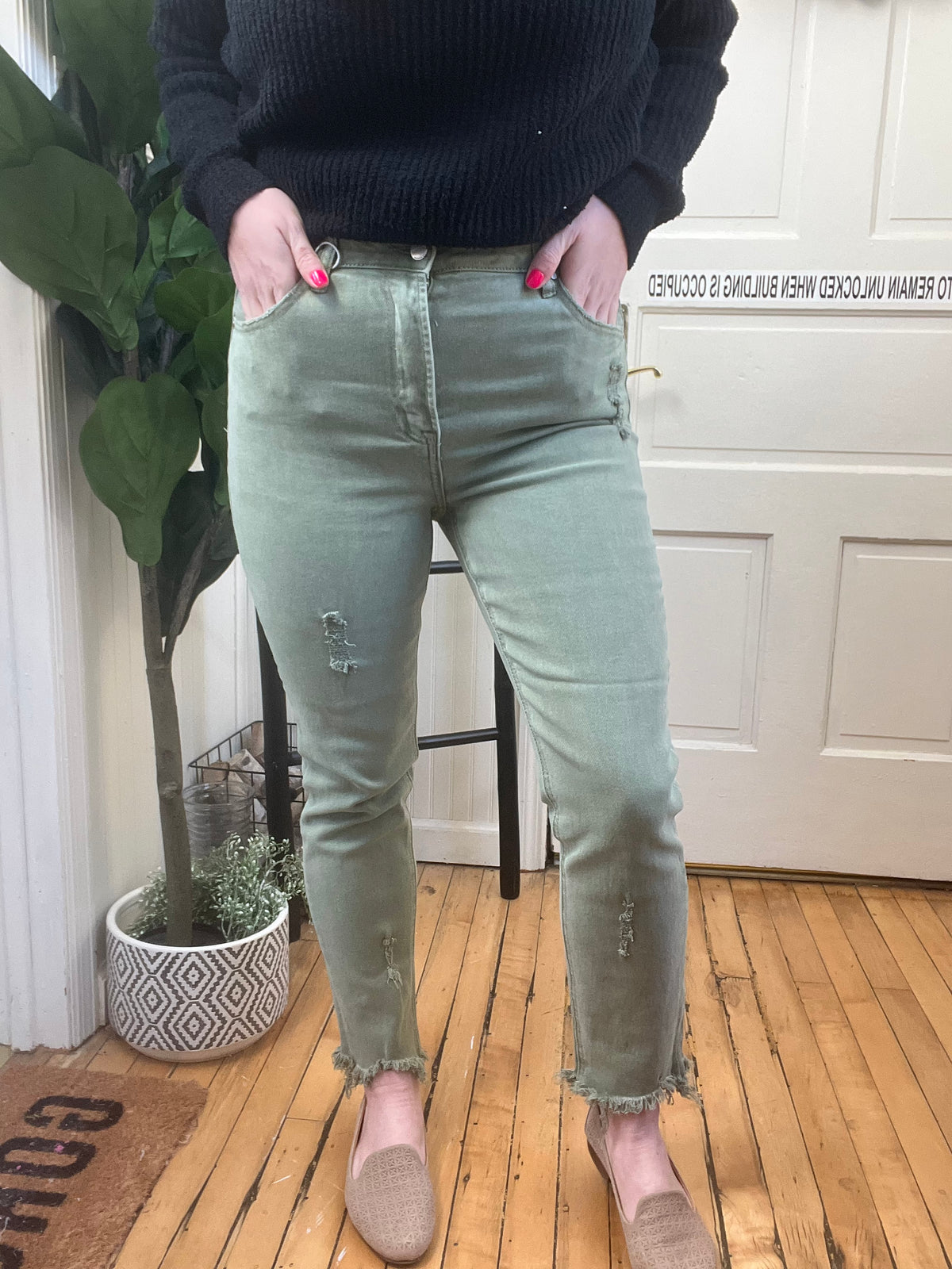 Distressed Soft Olive Skinny Crop Jeans