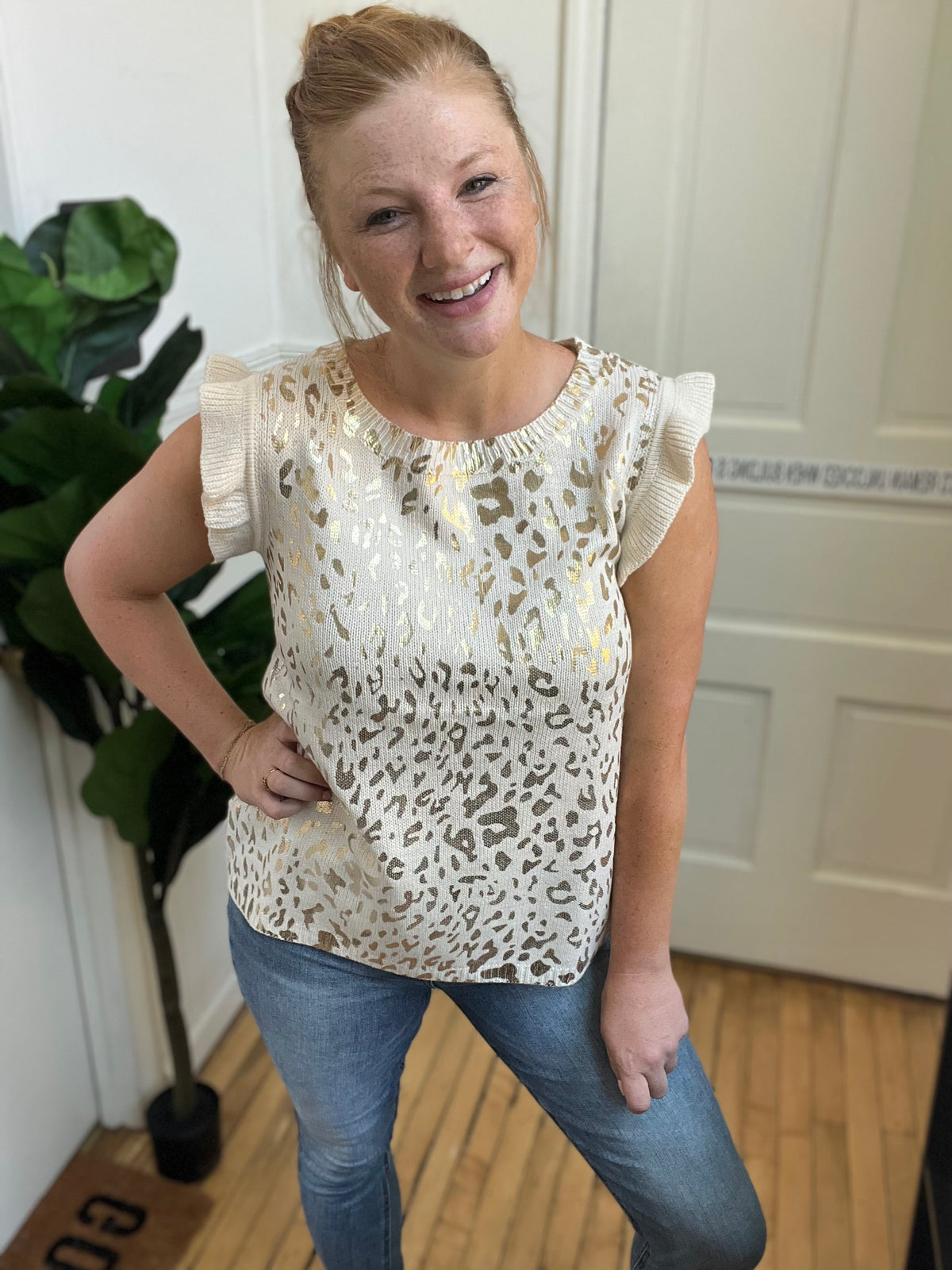 Natural Shimmer Leopard Sweater Top