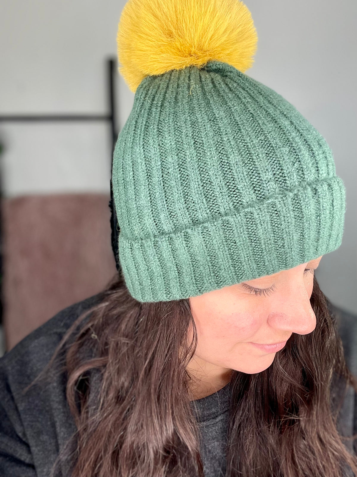 Plain Green and Gold Pom Pom Beanie