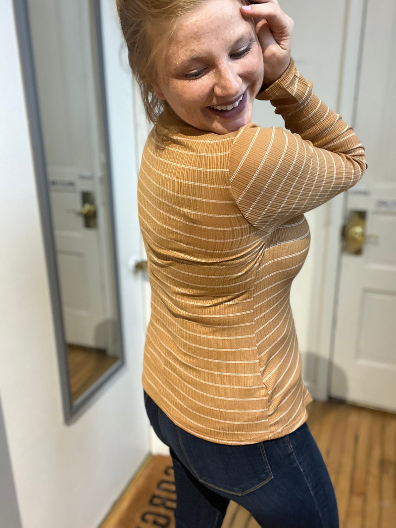 Camel Striped Quarter Zip Long Sleeve