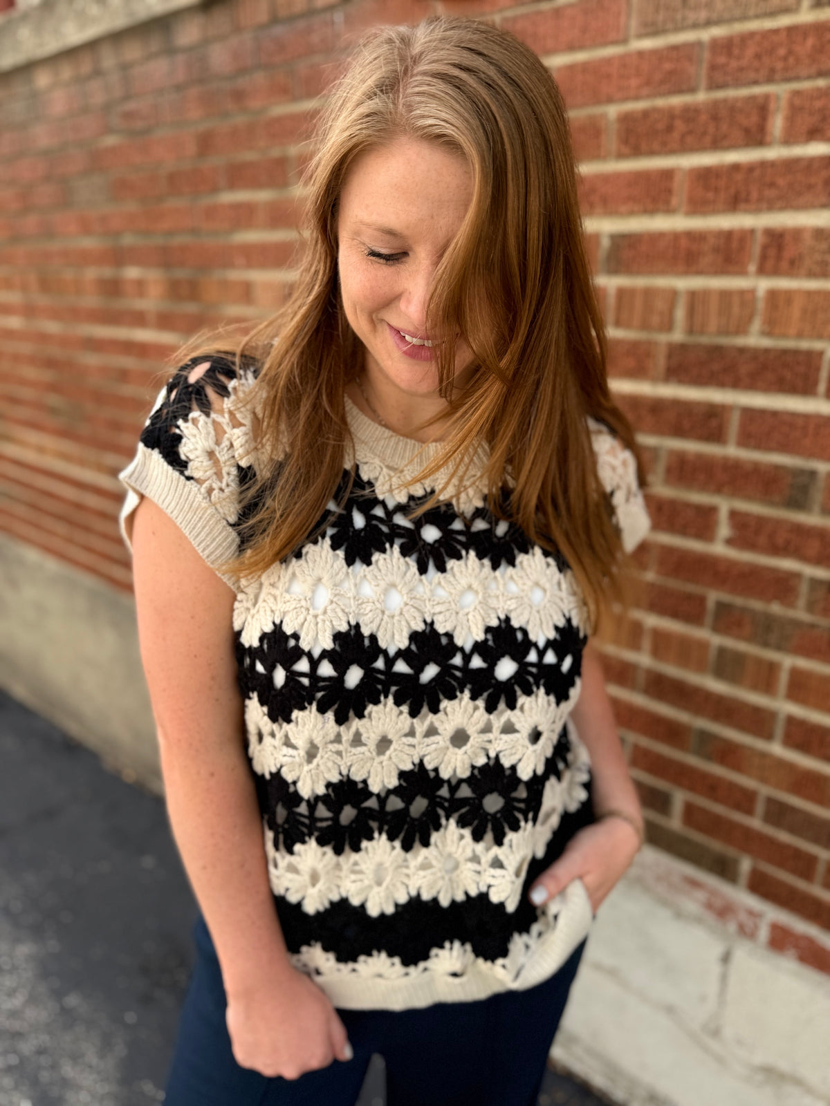 Black Floral Crochet Knit Top