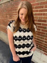 Black Floral Crochet Knit Top