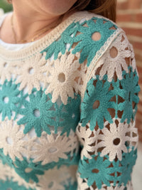 Sage Flower Crochet Knit Top