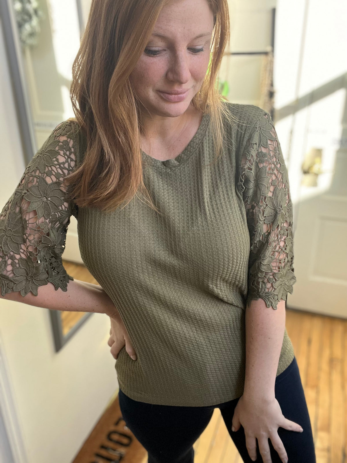Lace Sleeve Olive Top