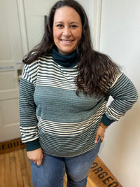 Hunter Green Striped Turtleneck Sweater