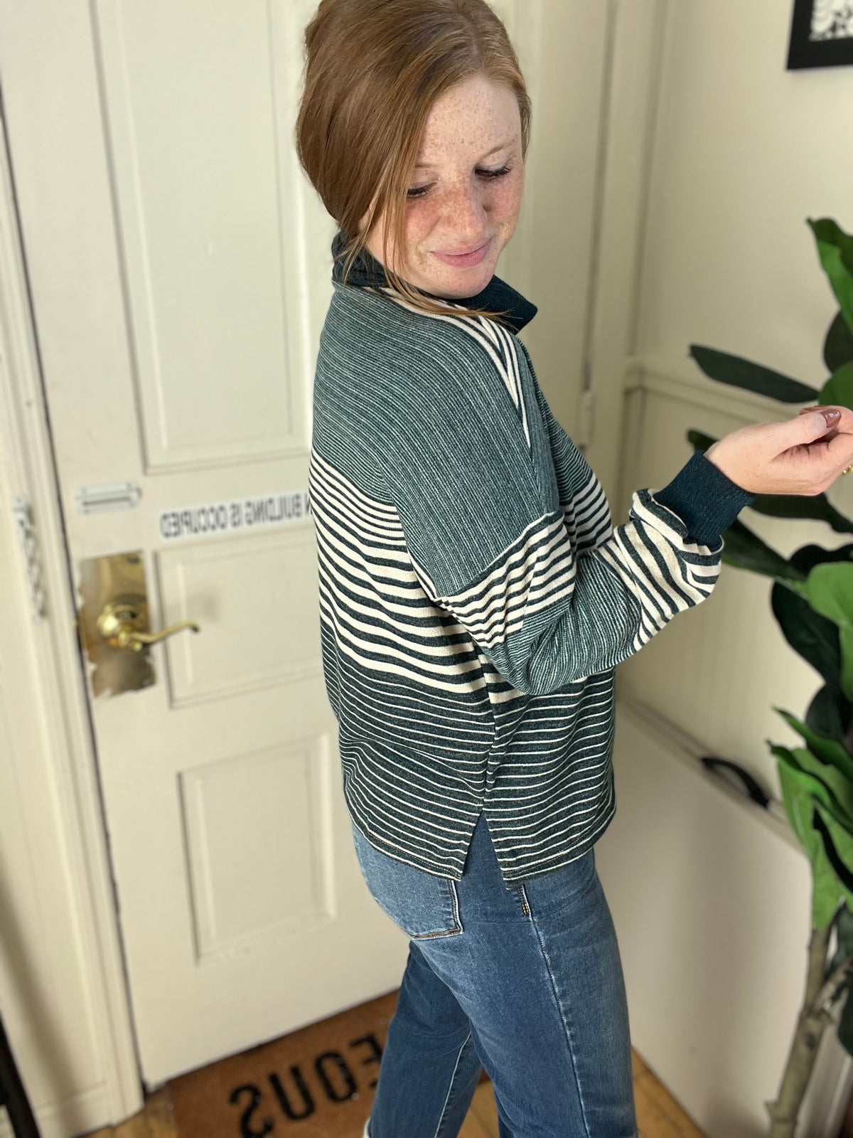 Hunter Green Striped Turtleneck Sweater