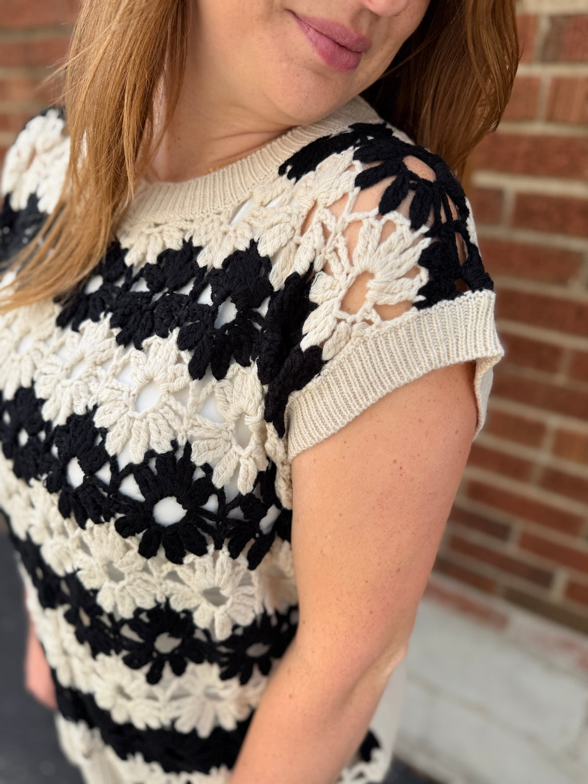 Black Floral Crochet Knit Top