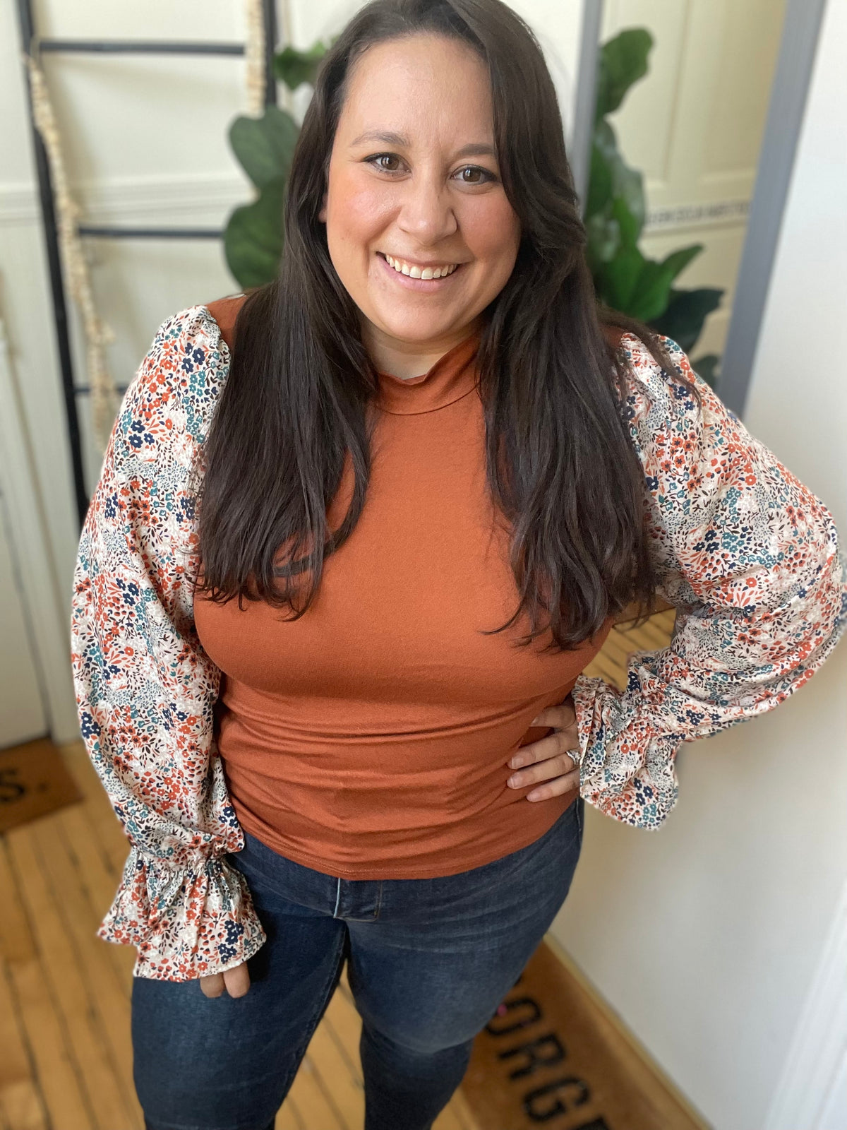 Copper Floral Sleeve Top
