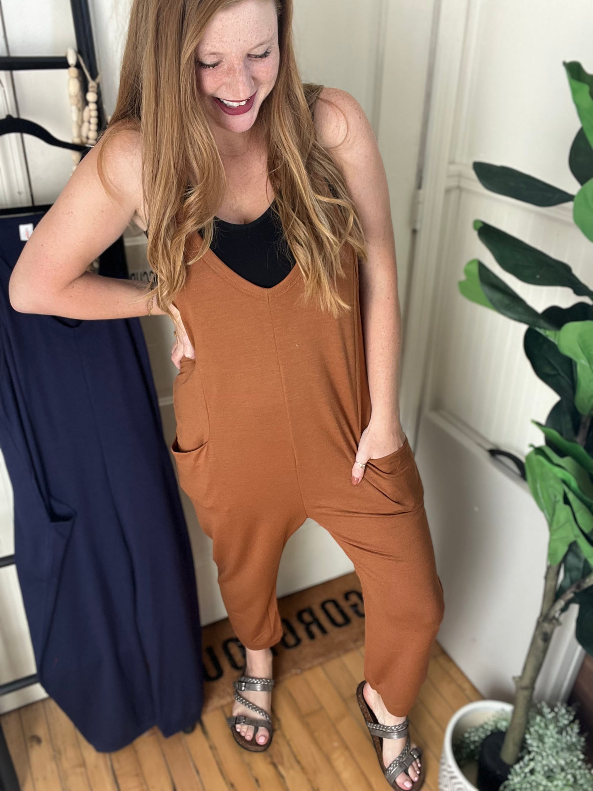 Sophie Slouch Romper - Camel and Navy