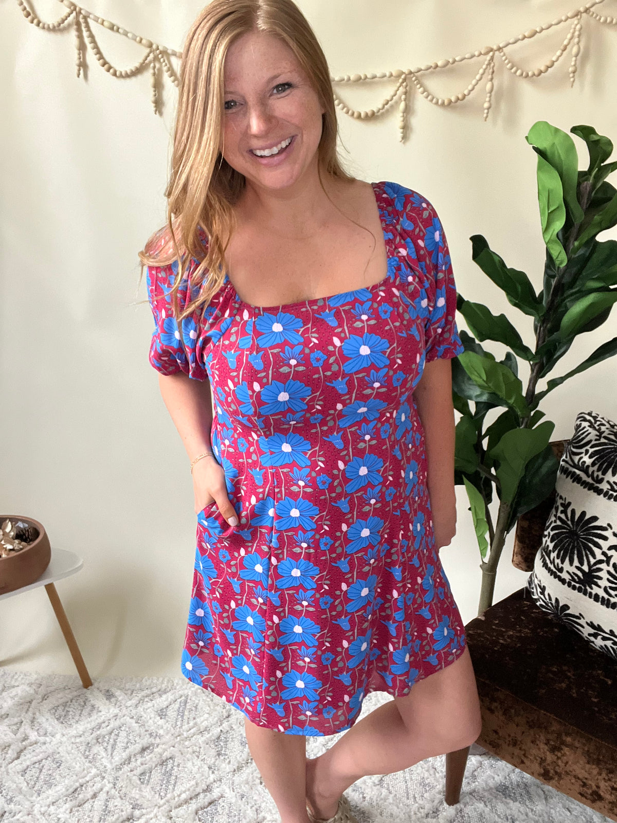 Red, White, and Blue Square Neck Floral Dress