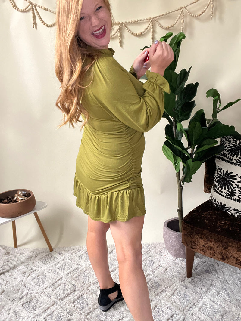 Olive Ruffle Mini Dress