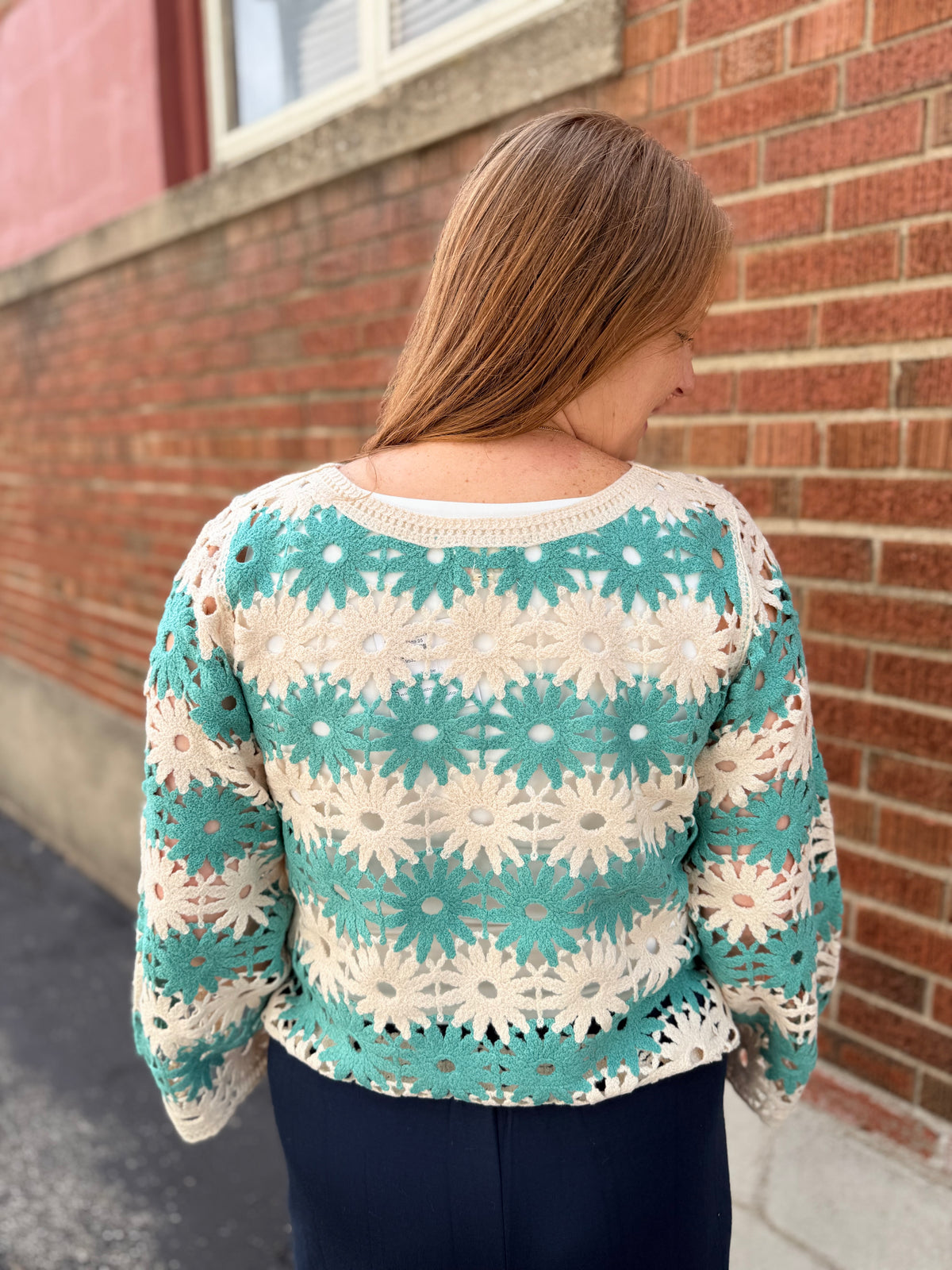 Sage Flower Crochet Knit Top