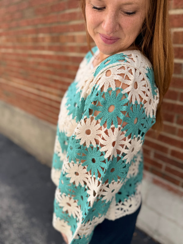 Sage Flower Crochet Knit Top