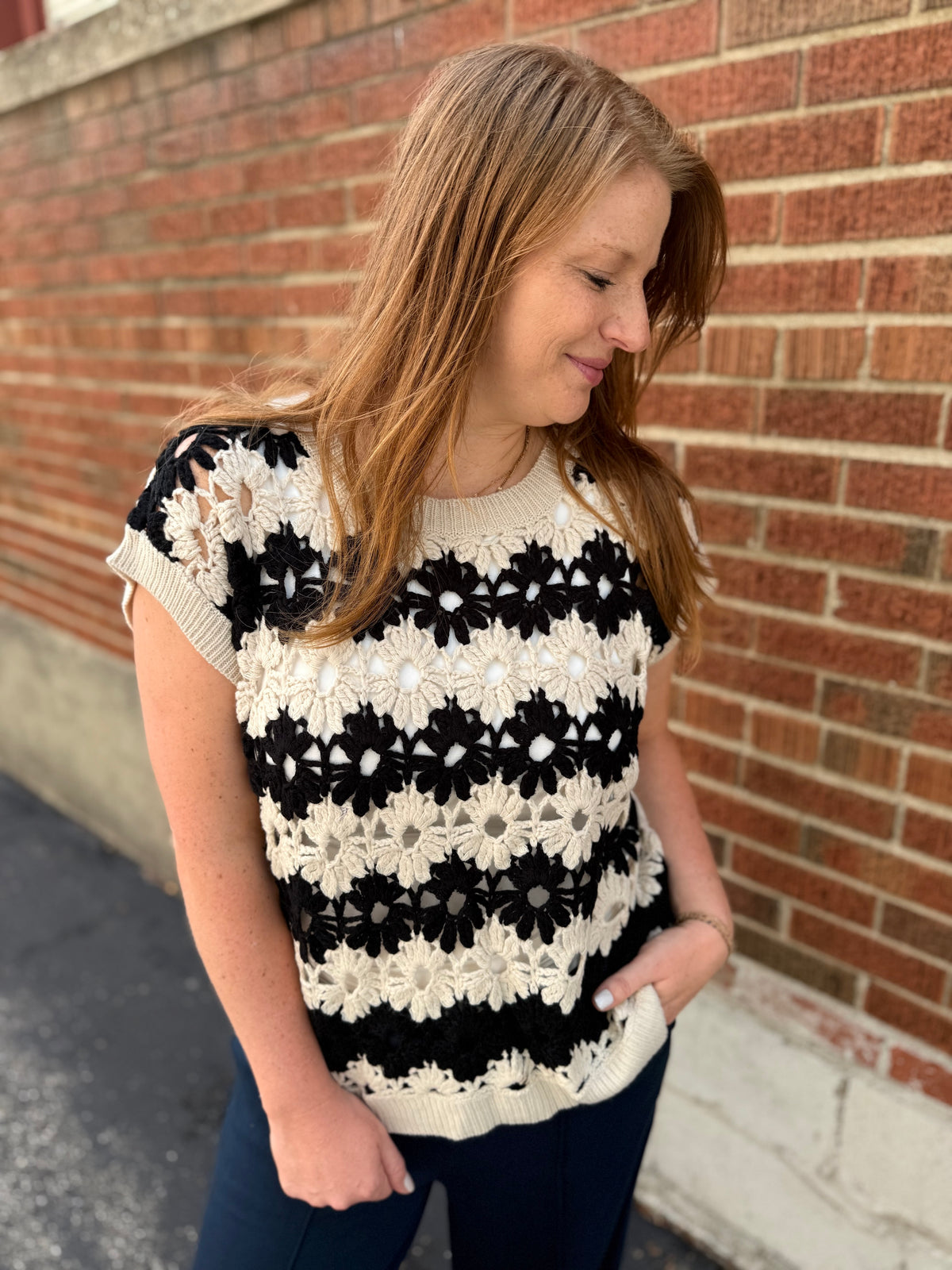 Black Floral Crochet Knit Top