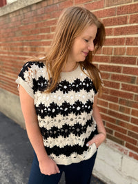 Black Floral Crochet Knit Top