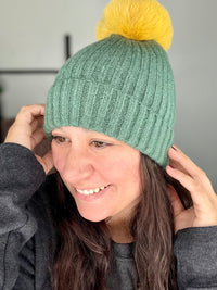 Plain Green and Gold Pom Pom Beanie