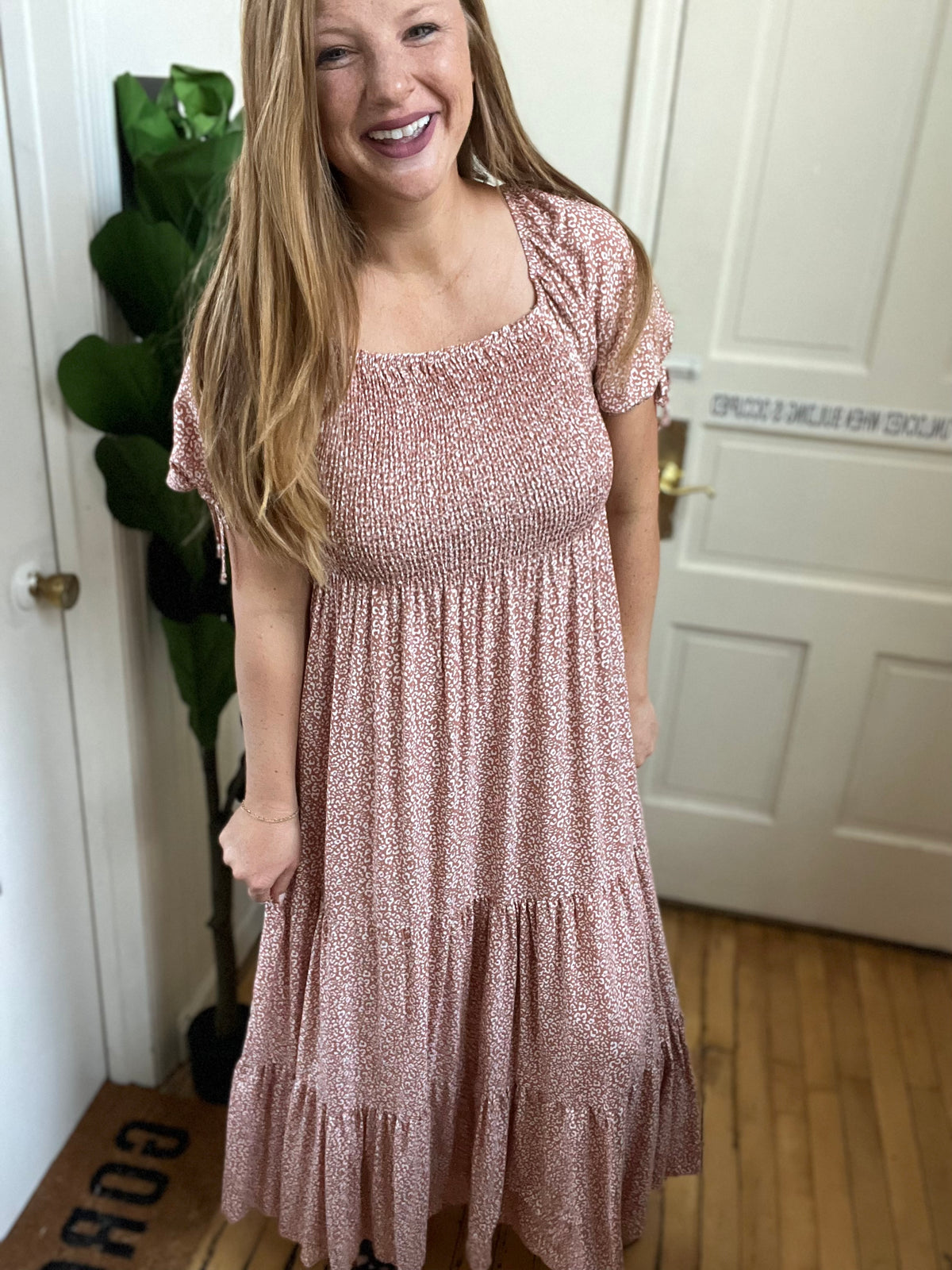 Taupe Smocked Animal Print Dress