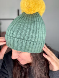 Plain Green and Gold Pom Pom Beanie