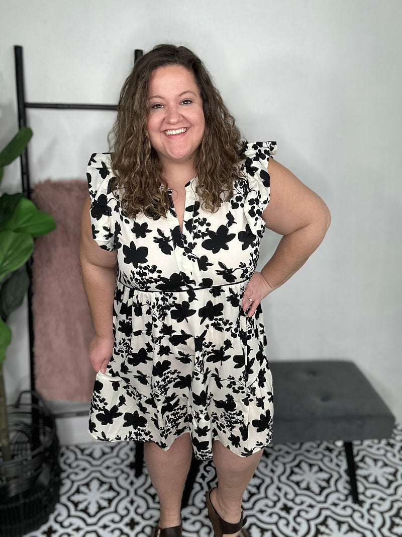Audrey Floral Black and White Dress