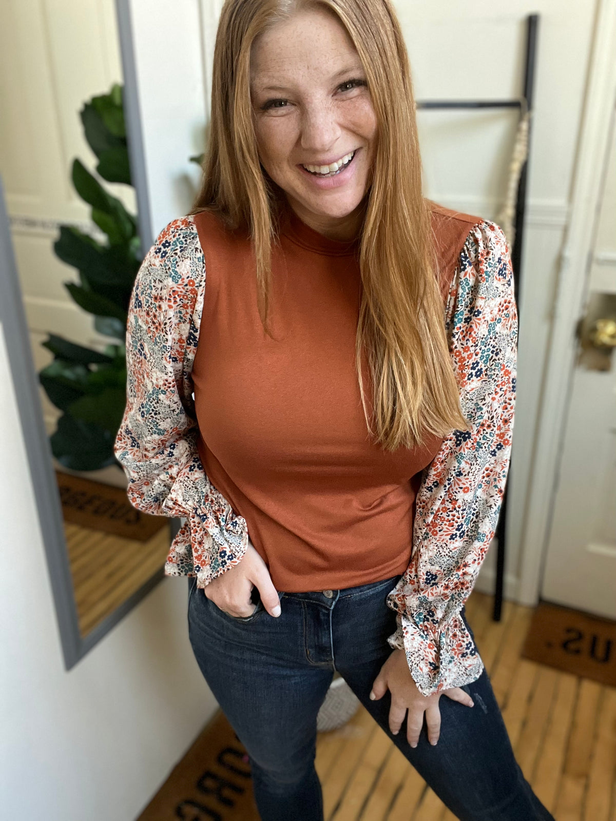 Copper Floral Sleeve Top