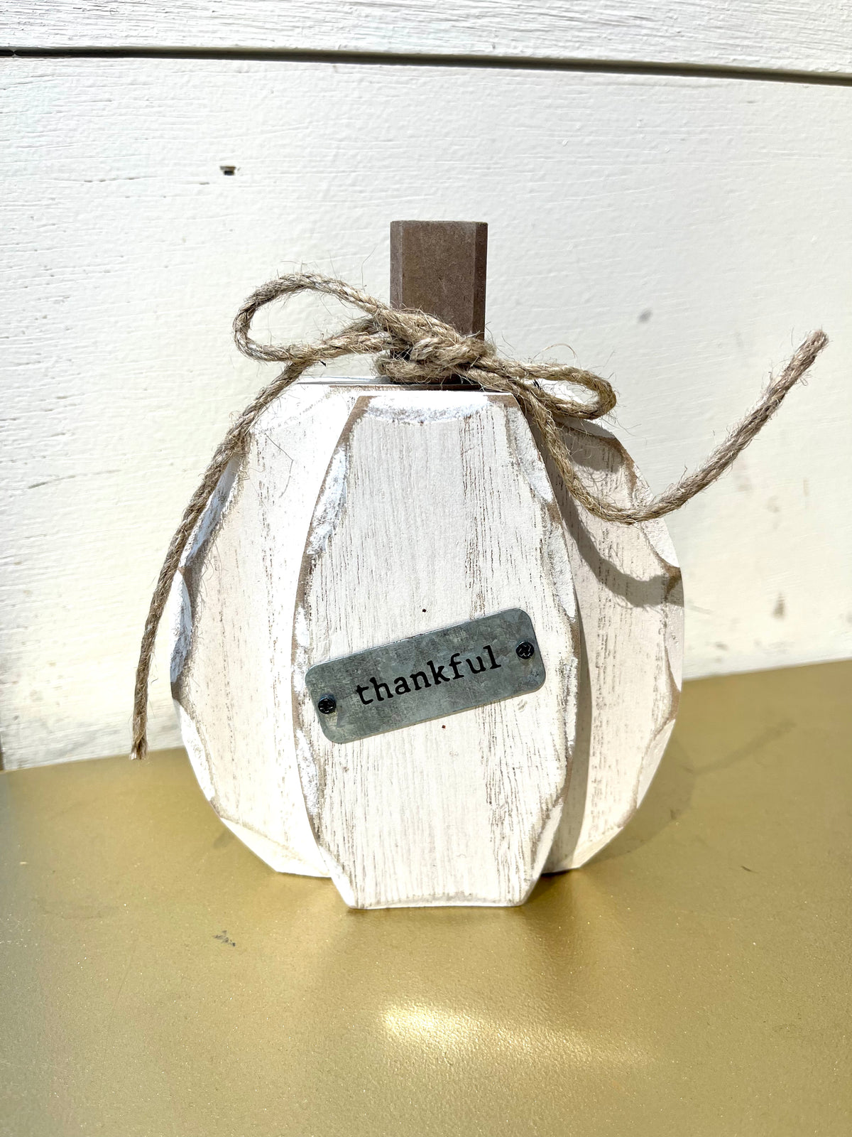Vintage White Wooden Thankful Pumpkin