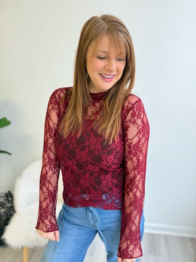 Lace Sheer Long Sleeve - Burgundy